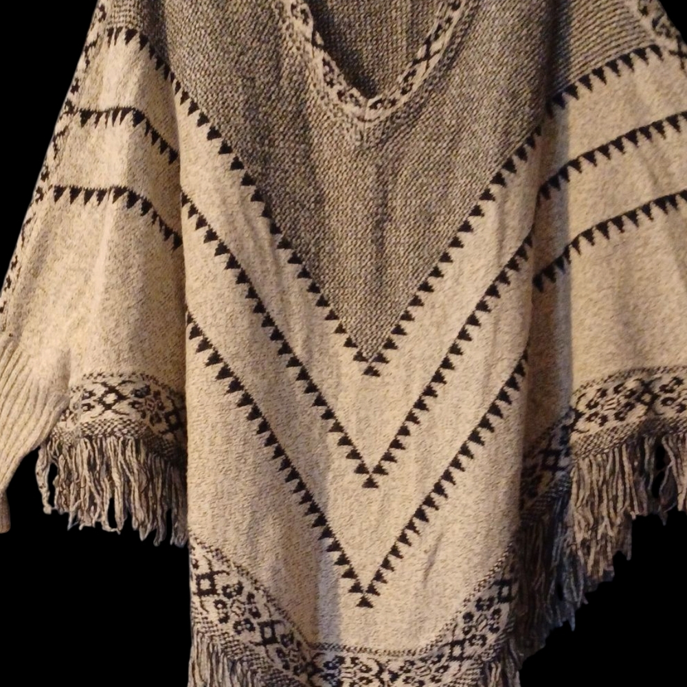 Geometric Gray and Black Poncho Sweater with Fringe